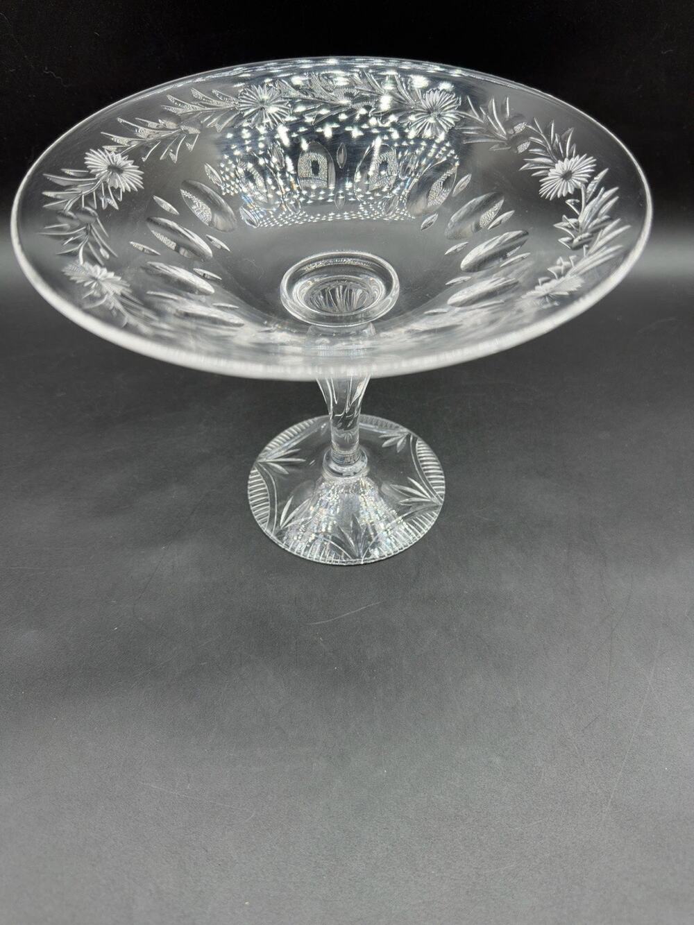 Vintage Stuart England Crystal Compote Comport Floral Thumbprint Cut Footed Bowl